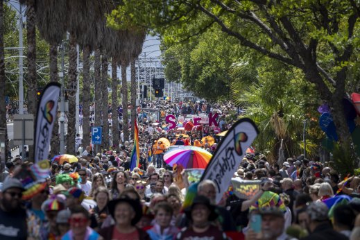 Fitzroy Street, St Kilda teeming with marchers and spectators at the 2023 Midsumma Pride March.
