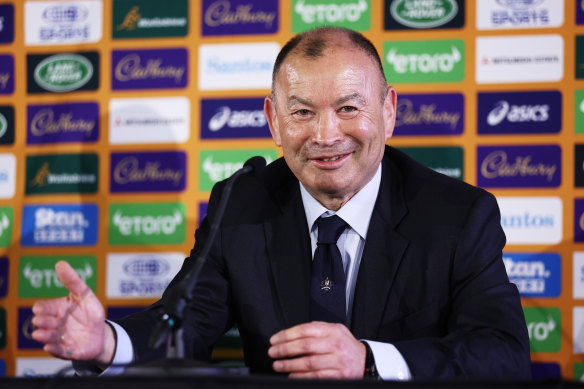 Eddie Jones talks with media at Matraville High.