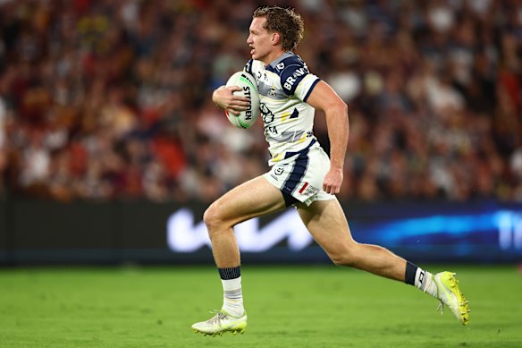 Jaxon Purdue of the Cowboys makes a break during the round six match.