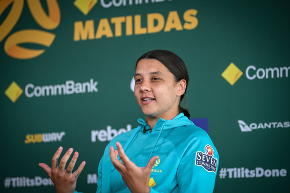 Matildas star Sam Kerr in Melbourne on Monday.