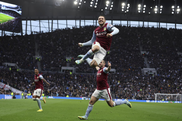 Aston Villa’s Emiliano Buendia celebrates scoring against Tottenham Hotspur.