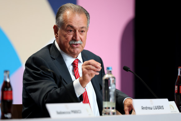 Brisbane 2032 president Andrew Liveris addresses international media in Paris.