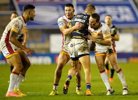 James Maloney (far right) and Israel Folau combining for Catalans against Leeds