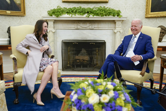 New Zealand Prime Minister Jacinda Ardern chums it with US President Joe Biden in the Oval Office.