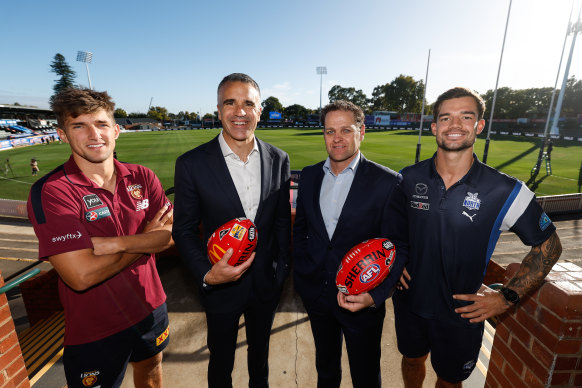South Australian premier Peter Malinauskas (second from left) promotes Gather Round with Zac Bailey of the Brisbane Lions (to his right) , the AFL’s Josh Mahoney and North Melbourne’s Jy Simpkin.