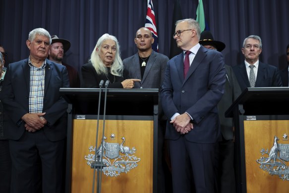 Anthony Albanese with leading Indigenous figures including Marcia Langton in parliament in March.