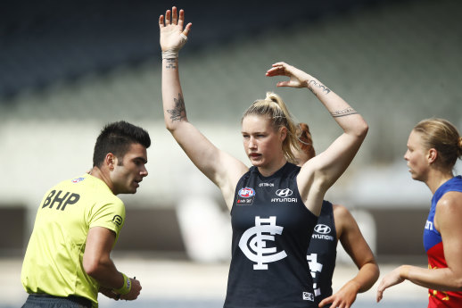 Carlton star Tayla Harris kicked a goal, but was reported in the semi-final win over the Lions.