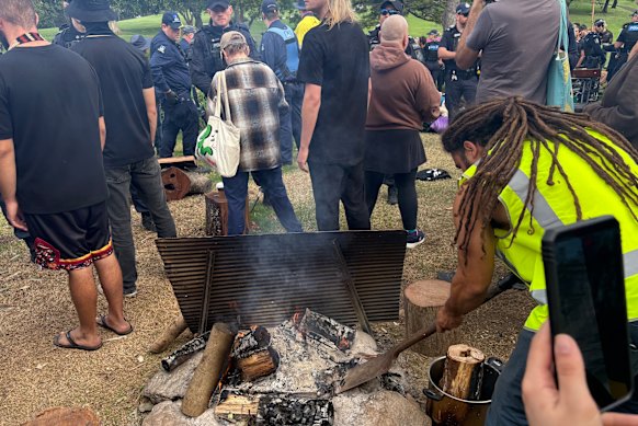 The campfire at the Victoria Park protest on Friday.
