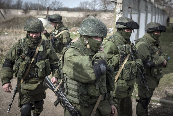 Russian soldiers with no insignia on their uniforms in Perevalne, in the Crimea region of Ukraine, in 2014. After the uprising in 2014, Russian troops wearing unmarked uniforms invaded Crimea.