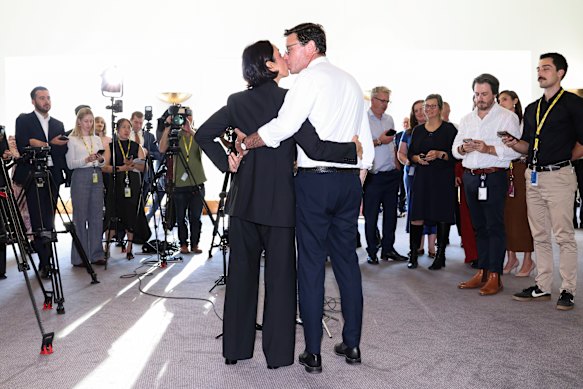 Amelia and David Littleproud share a kiss after the latter’s resignation as Nationals leader.