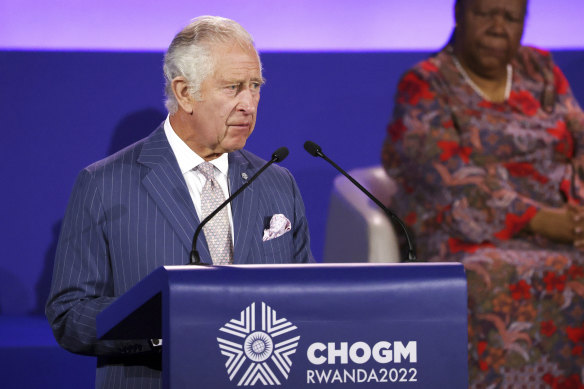 Britain’s Prince Charles delivers his message during the opening ceremony of the Commonwealth Heads of Government Meeting (CHOGM) on Friday, June 24, 2022 in Kigali, Rwanda. 