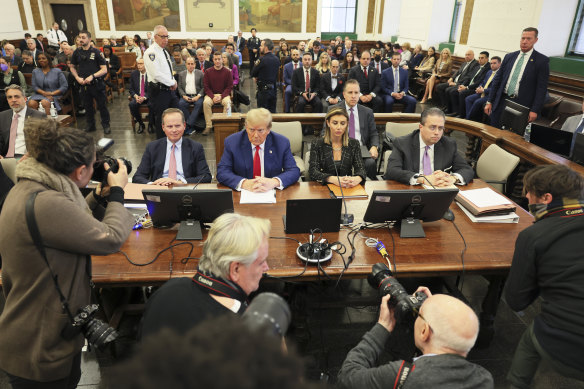 Former president Donald Trump (centre) in the courtroom before the start of closing arguments.