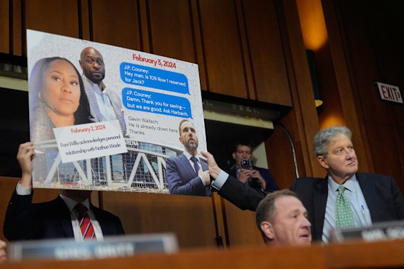 A poster brought in by Republican senator Eric Schmitt that purported to show text messages proving Jack Smith was in Atlanta that evening.