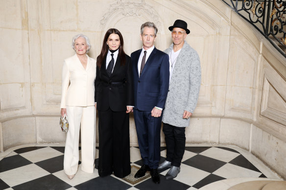 Juliette Binoche (second from left) with The New Look co-stars Glenn Close and Ben Mendelsohn, and creator Todd A. Kessler at the Christian Dior Haute Couture Spring/Summer 2024.