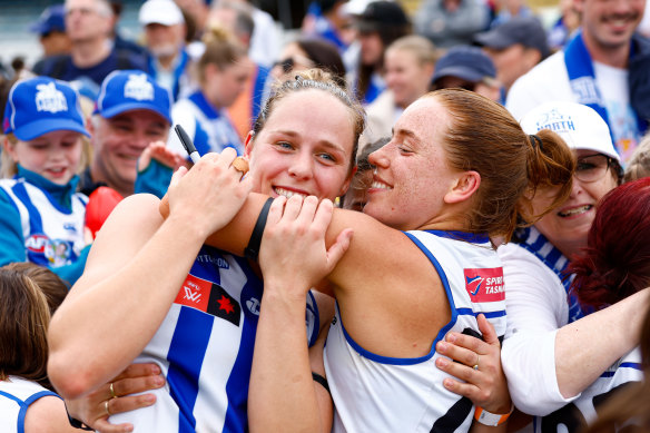 North Melbourne’s Mia King and Kim Rennie celebrate the realisation their team is into the AFLW grand final after Sunday’s one-point preliminary final win over Adelaide.