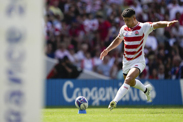 Japan’s Rikiya Matsuda kicks a conversion during their Pool D match against Chile at Stadium de Toulouse.