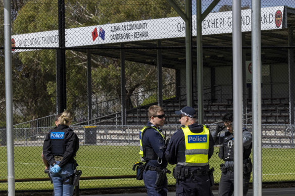 Police at the Dandenong Thunder clubrooms during the raids.