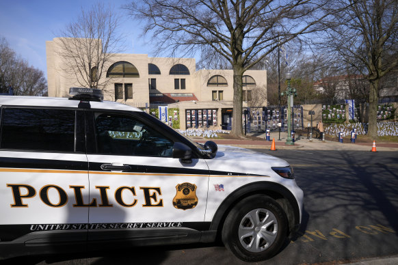 A US Secret Service police vehicle is parked outside of the Israeli Embassy.