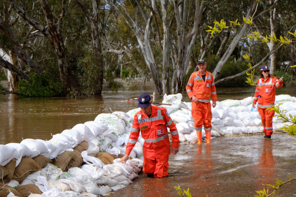An SES crew bolsters Echuca’s defences against the growing flooding.