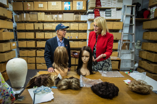 Abe Lourie with Melbourne Lord Mayor Sally Capp, who says Creative Wigs’ longevity was ‘absolutely extraordinary’.