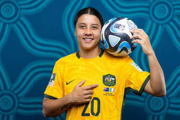 Sam Kerr of Australia poses for a portrait during the official FIFA Women’s World Cup Australia & New Zealand 2023 portrait session on July 17, 2023 in Brisbane, Australia. 