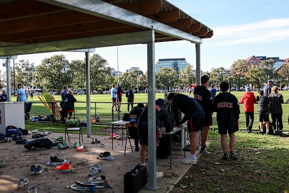 The Demons train at Gosch’s Paddock ahead of a game in Alice Springs against the Giants.