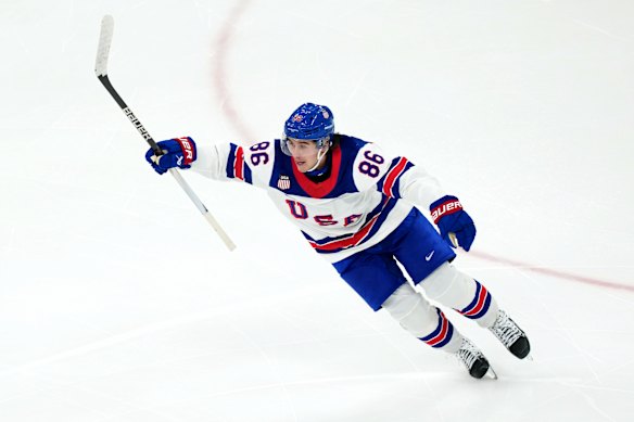 Jack Hughes scores the winning goal against Canada.