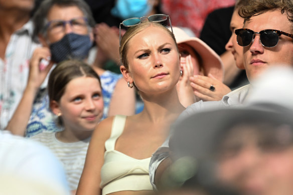 Grace Tame watching Dylan Alcott play in the Quad wheelchair singles final.