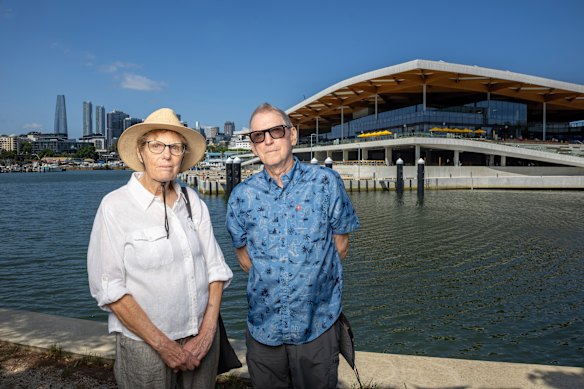 The Glebe Society’s Asa Wahlquist and Duncan Leys in front of the new Sydney Fish Market, which will open on Monday.