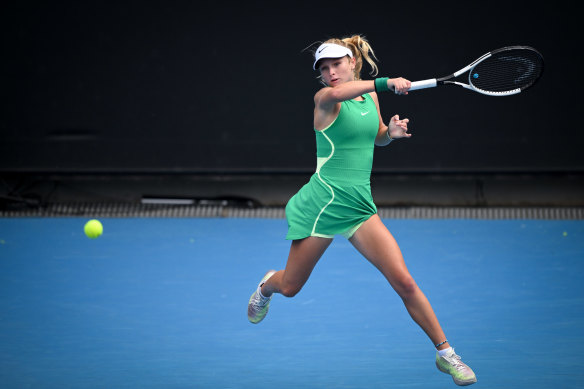 Gold Coast teenager Emerson Jones in action against Daria Egorova in the first round of the junior girls’ singles at the Australian Open.