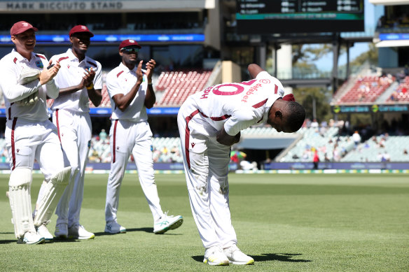 Shamar Joseph acknowledges the crowd in Australia during the first Test in Adelaide.