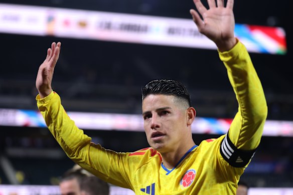 Colombia’s James Rodriguez acknowledges the crowd after the friendly win over Australia.