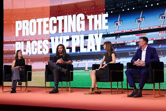 Nicola Barr, AFLW Player, St Kilda FC; Project and Engagement Director, FrontRunners, Alex Pearce, Fremantle AFL footballer, Amy Steel PhD Candidate, Climate Adaptation; Former Australian Netballer and Ashton Turner, Captain, Perth Scorchers; Non-Executive Director, WA Cricket Foundation speak during Global Citizen NOW: Perth.