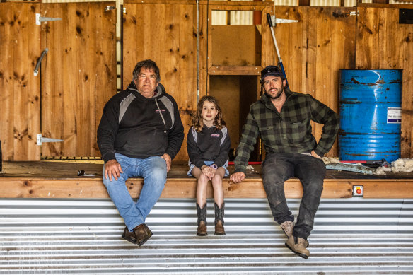 Ian Kyle’s sheep stud has now been in the family for four generations. He is pictured here with son Reagan Kyle and granddaughter Raiven.