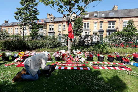 Tributes are laid for Liverpool player Diogo Jota at Anfield on Thursday in Liverpool, England. 
