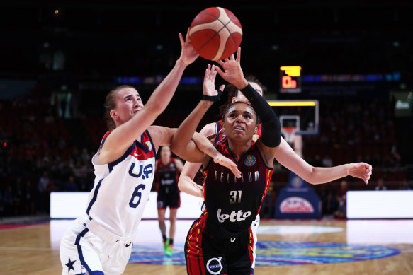 Team USA’s Sabrina Ionescu puts pressure on Belgium’s Maxuella Lisowa Mbaka.