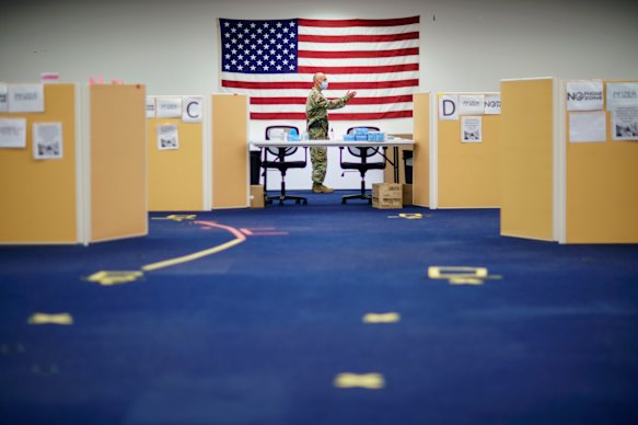 Patience wearing thin: a vaccination site at the former Citizens Bank headquarters in Cranston, Rhode Island. 