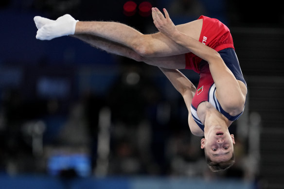 Ivan Litvinovich, of Belarus, performs in a men’s trampoline gymnastics qualifier at the 2020 Summer Olympics.