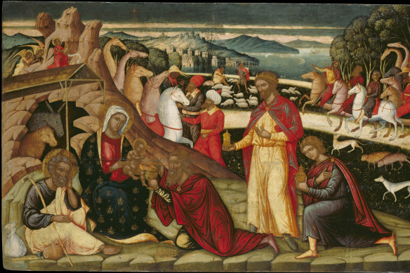 The birth of Jesus and three wise men who visited him are shown in The Adoration of the Magi, c. 1525 by Ioannis Permeniatis.