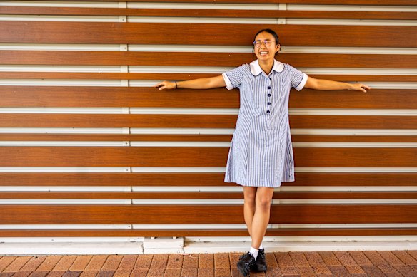 Year 12 physics student Rhiannon Trang relaxes after the final HSC exam at Mercy College in Chatswood.
