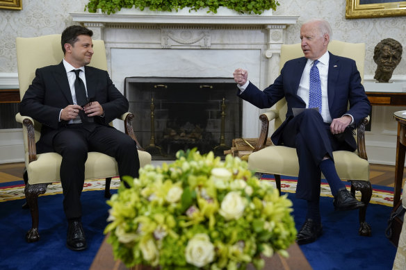 US President Joe Biden meets with Ukrainian President Volodymyr Zelensky in the Oval Office of the White House in September 2021.