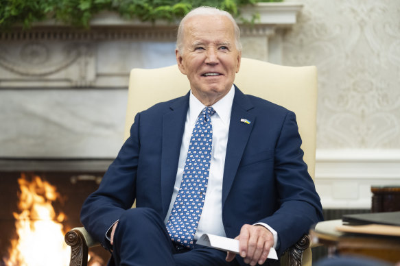 President Joe Biden speaks during a meeting with congressional leaders in the Oval Office on the day of the Michigan primaries.