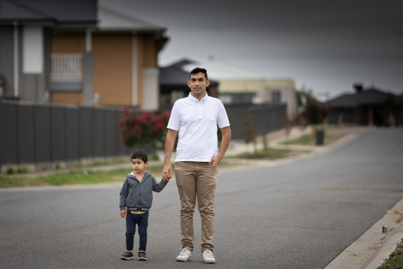 Goce Damjanoski with three-year-old son Luka in Kalkallo, in Melbourne’s outer north.