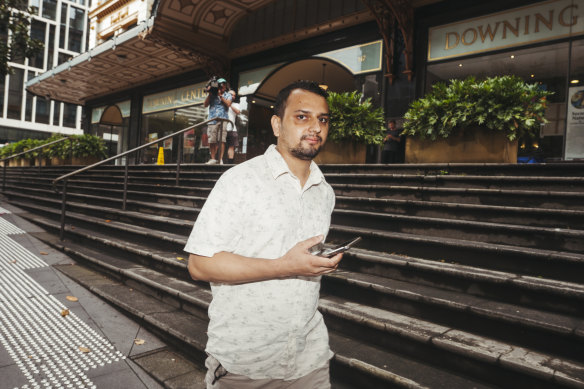 Former Bondi Beach Road Hotel chef Amar Adhikari leaves court after giving evidence at Beale’s trial.