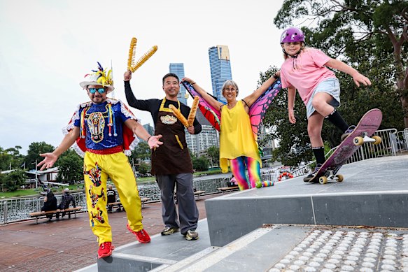Fun times: Moomba participants (left to right) dancer “Yayo” Miranda, Twistto food vendor Simon Shao,  Birdman Rally entrant Ann Hansen and skateboarder Sage Dean.