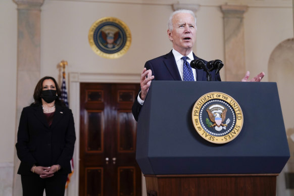 President Joe Biden, accompanied by Vice President Kamala Harris, speaks at the White House in Washington, after former Minneapolis police Officer Derek Chauvin was convicted of murder and manslaughter in the death of George Floyd.