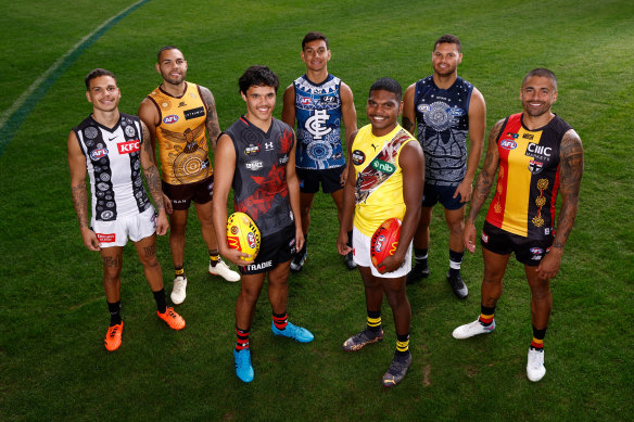 Indigenous AFL players Bobby Hill, Jarman Impey, Alwyn Davey jnr, Jesse Motlop, Maurice Rioli jnr, Brandan Parfitt and Brad Hill.