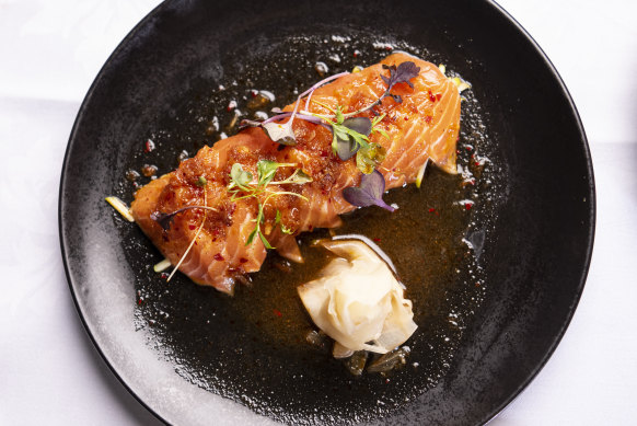 New Zealand king salmon sashimi with blackened chilli dressing at China Doll.