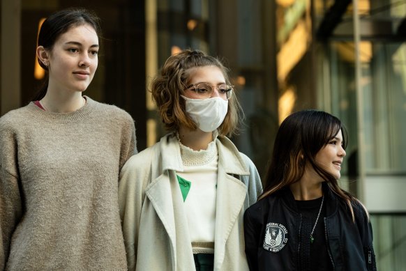 Laura Kirwan, 17, Ava Princi, 17 and Izzy Raj-Seppings, 14, who are among the eight students who sought to have Environment Minister Sussan Ley blocked from approving a coal mine due to climate impacts.