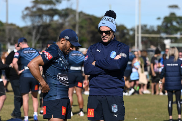 NSW coach Brad Fittler and hooker Api Koroisau in Kingscliff.